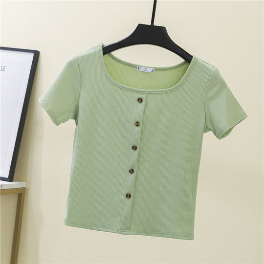 Damen Kurzarmshirt mit dekorativer Knopfleiste und modernem Rippenstrick R&B
