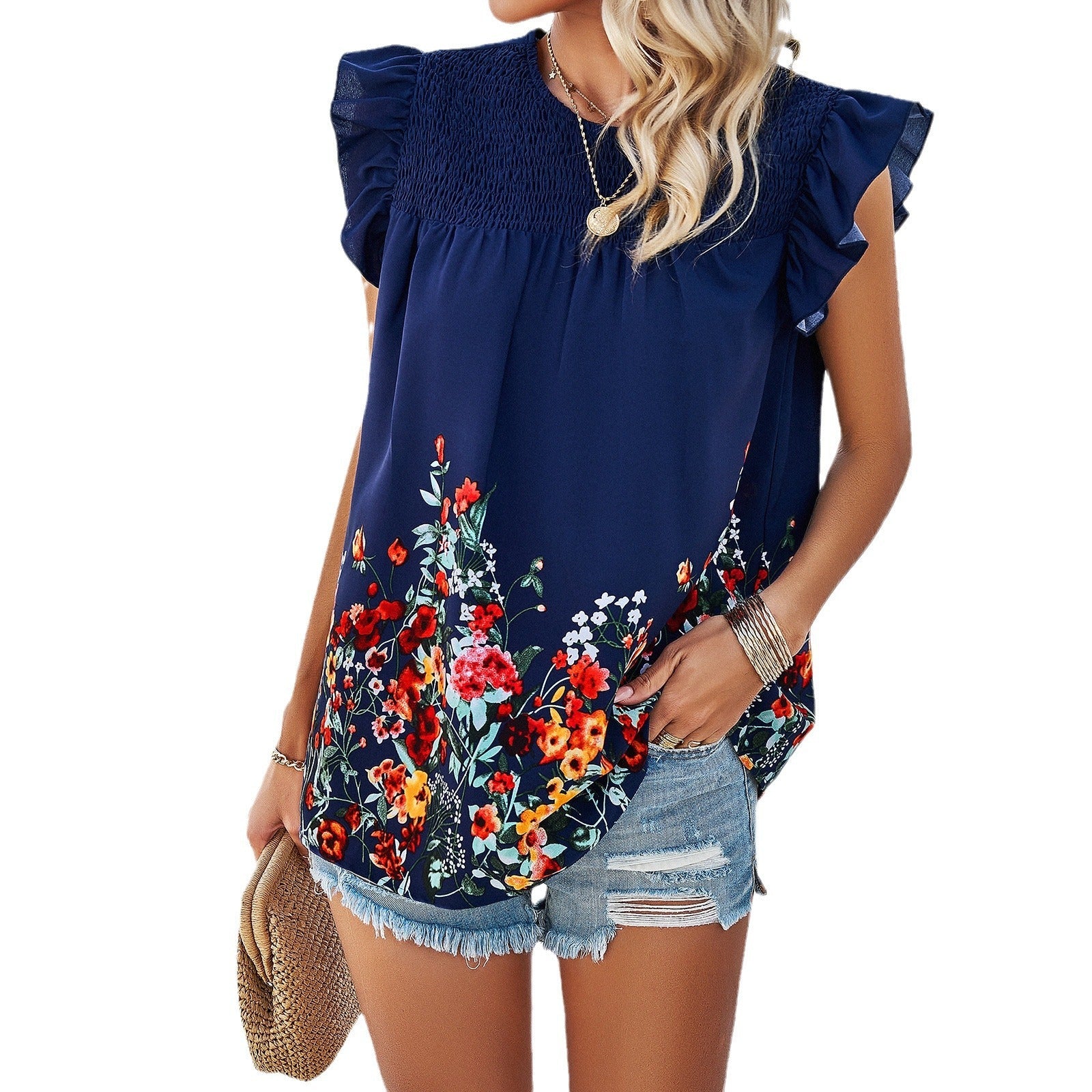 Damen Bluse mit floralen Akzenten und Rüschendetails R&B