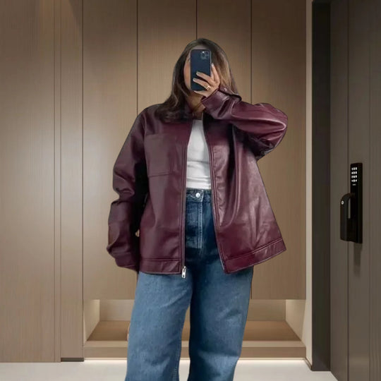 Damen Kunstlederjacke mit praktischen Taschen und elastischem Bund R&B