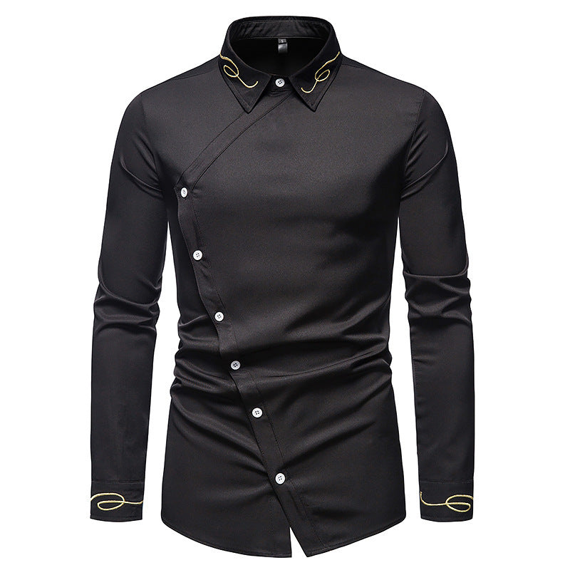 Herren Elegantes Langarmhemd mit asymmetrischem Knopfdesign und gesticktem Kragen R&B
