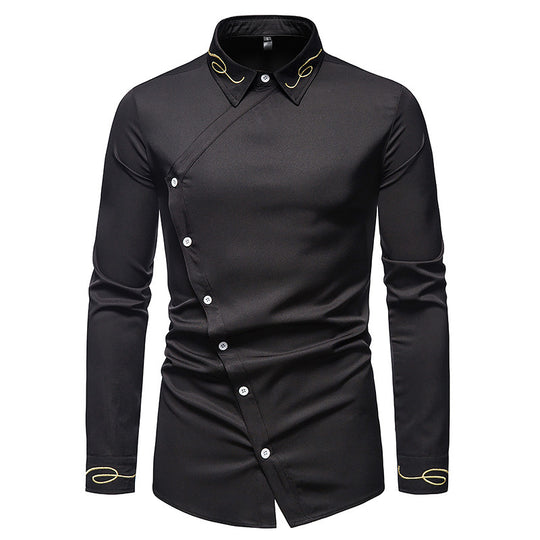 Herren Elegantes Langarmhemd mit asymmetrischem Knopfdesign und gesticktem Kragen R&B
