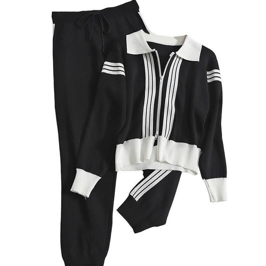 Damen modisches Strick-Loungewear-Set mit Reißverschluss und sportlichen Details R&B
