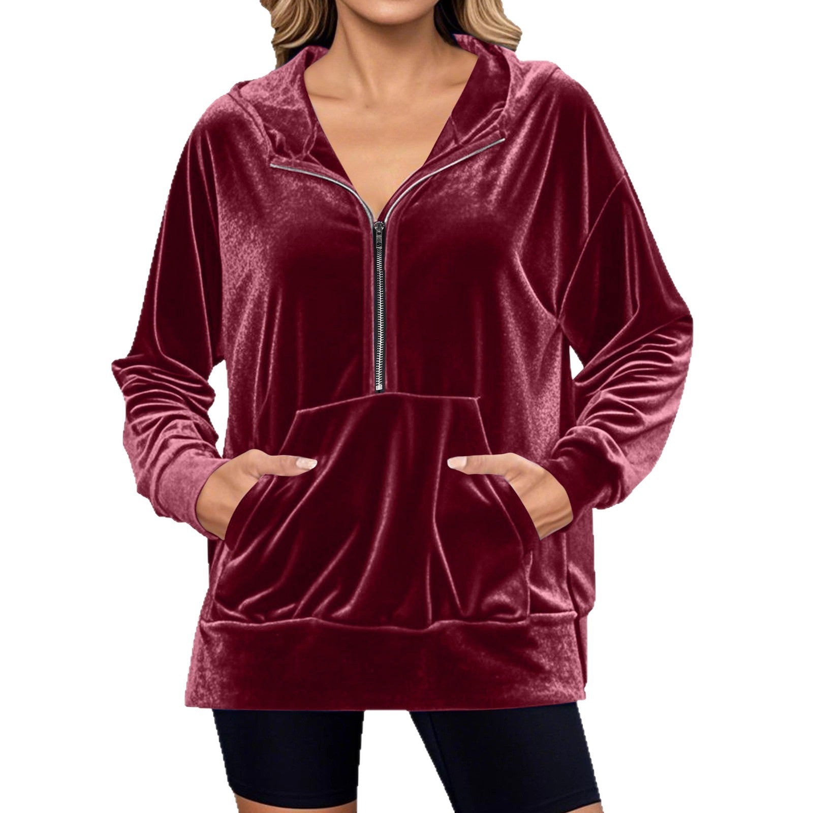 Damen Lässiger Velvet Hoodie mit praktischem Reißverschluss und Kängurutasche R&B