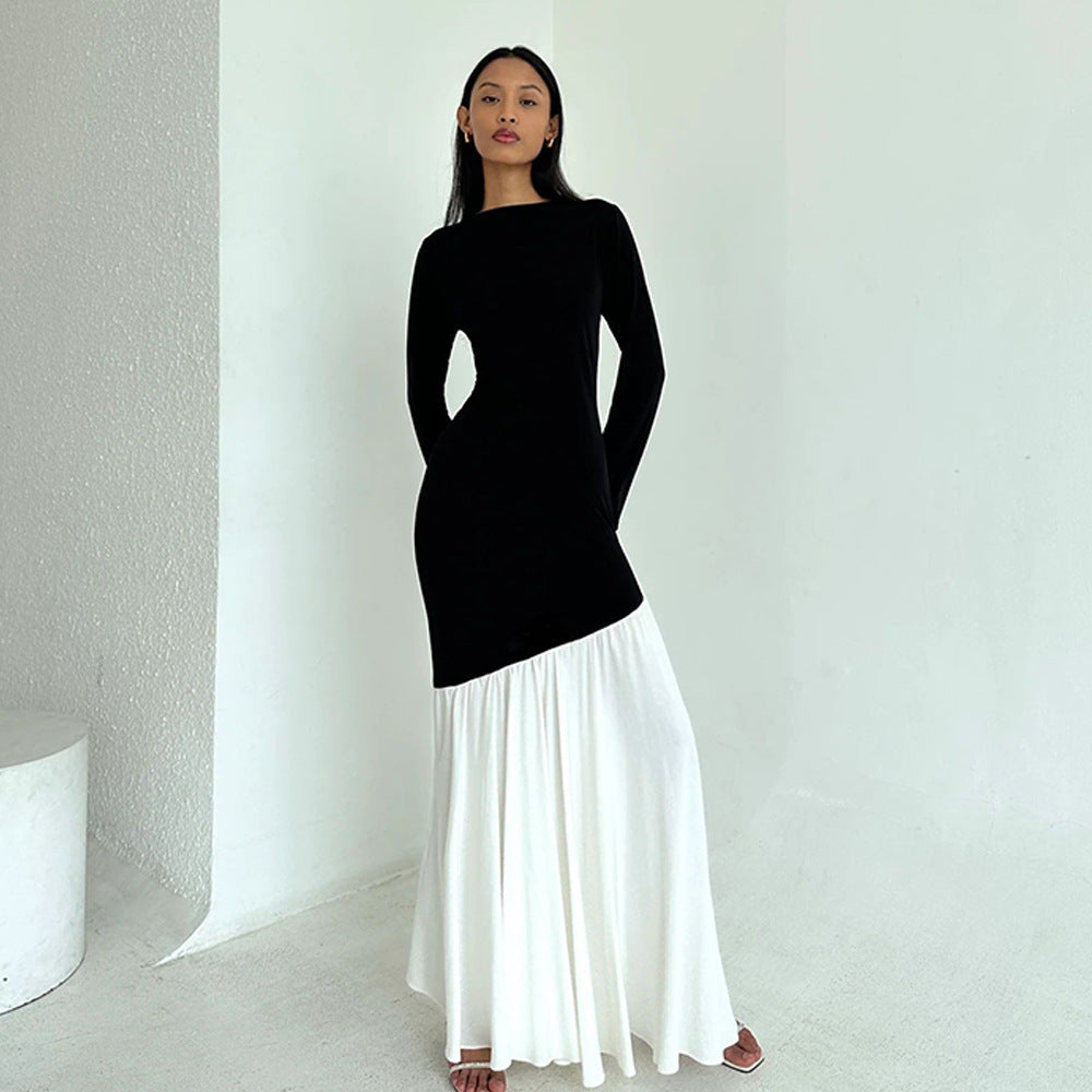 Damen elegantes, asymmetrisches Maxikleid mit langen Ärmeln und farblichen Kontrasten R&B