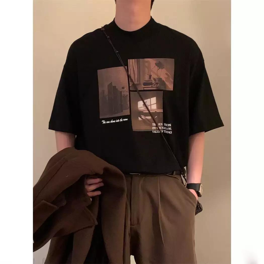 Damen modisches Kurzarm-T-Shirt mit kreativem Fotodruck und lockerer Passform R&B