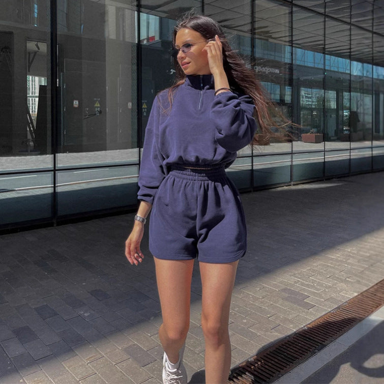 Damen sportliches kurzärmeliges Set mit Stehkragen und elastischem Bund R&B