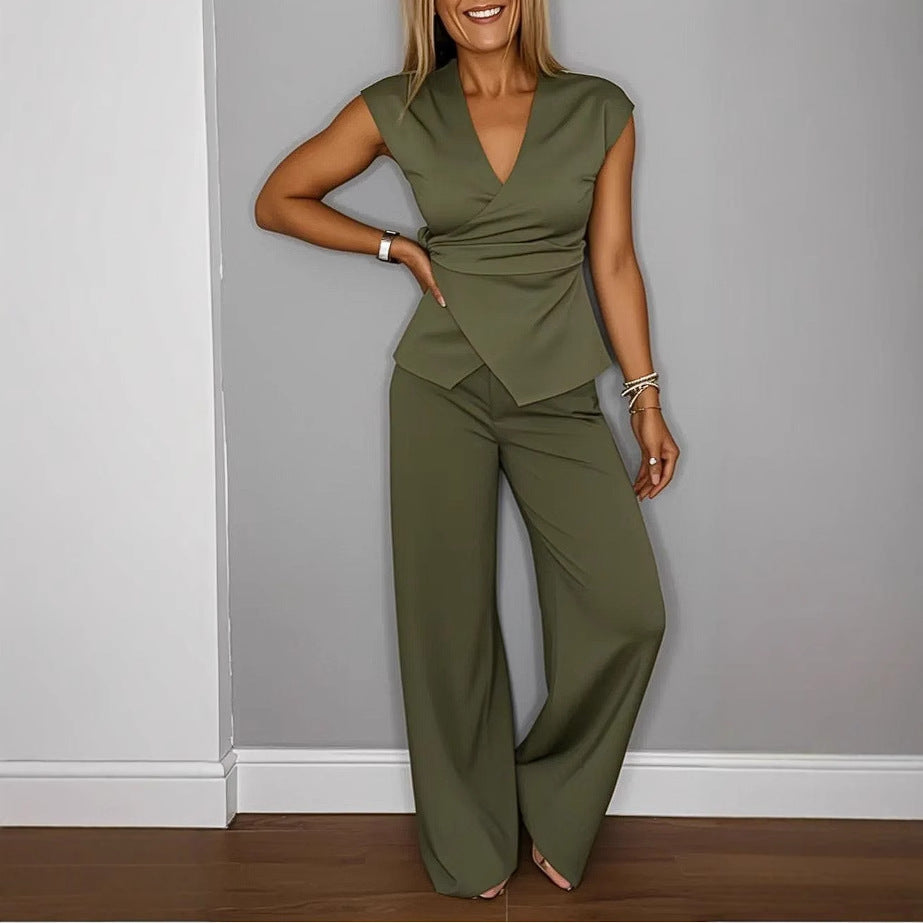 Damen elegantes Wickeloberteil mit weit geschnittenen Hosen R&B
