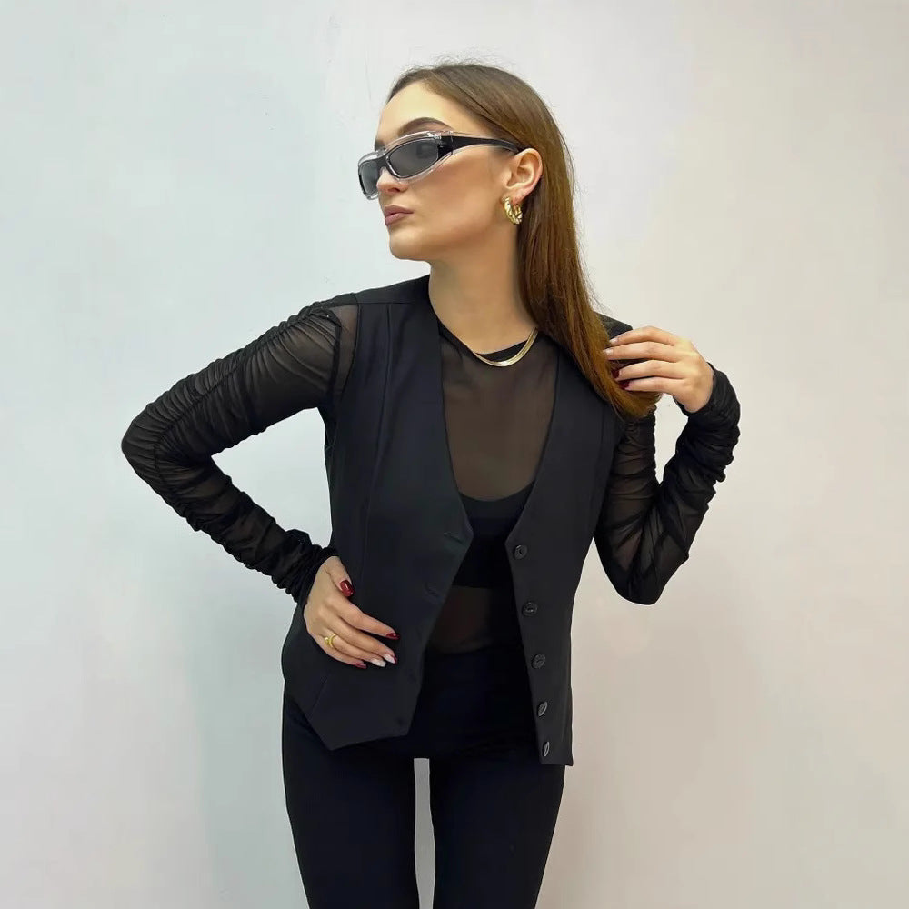 Damen ärmellose Bluse mit Knopfleiste R&B