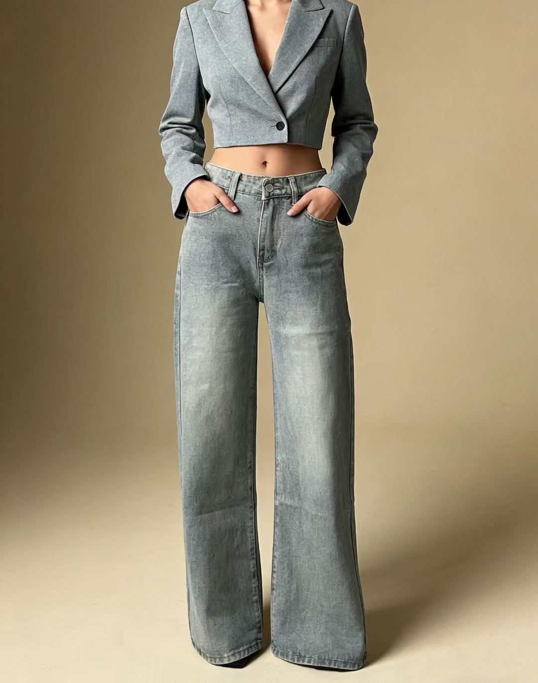 Damen weite Denim-Hose mit Vintage-Waschung und hoch geschnittenem Bund R&B