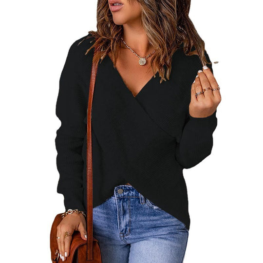 Damen Wickelstrickpullover mit V-Ausschnitt und strukturierter Oberfläche R&B