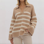 Damen kuschelige Strickpullover mit modernem Streifenmuster und V-Ausschnitt R&B