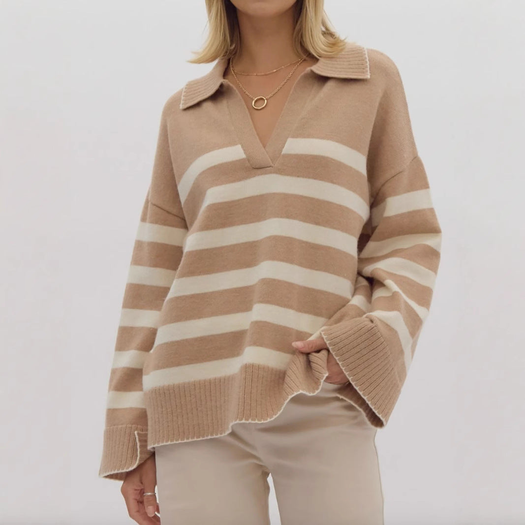 Damen kuschelige Strickpullover mit modernem Streifenmuster und V-Ausschnitt R&B