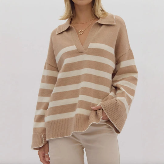 Damen kuschelige Strickpullover mit modernem Streifenmuster und V-Ausschnitt R&B