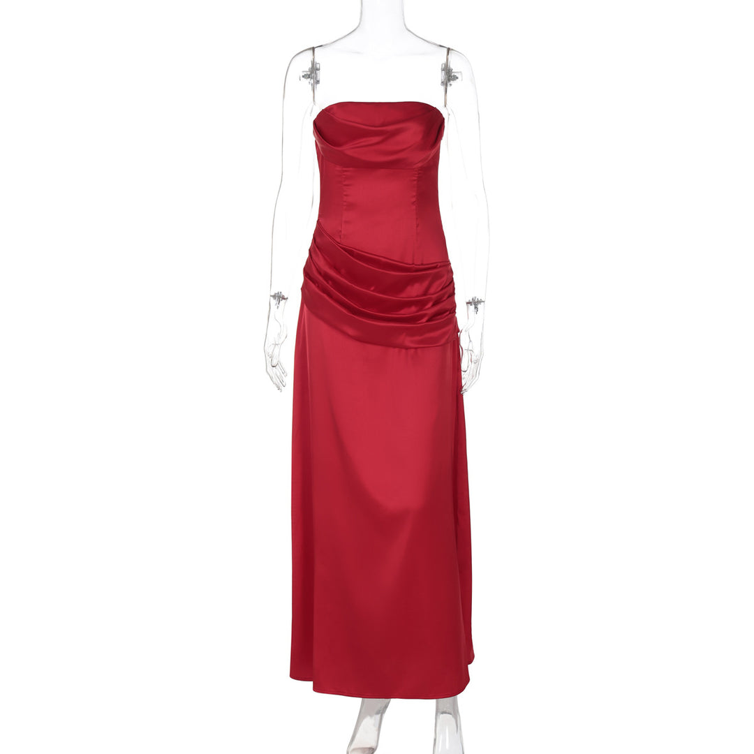 Damen elegantes Maxikleid mit raffiniertem Drapé und schulterfreiem Design R&B
