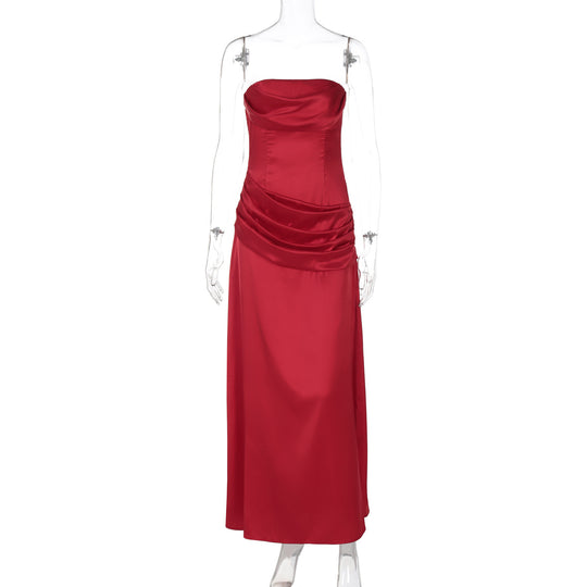 Damen elegantes Maxikleid mit raffiniertem Drapé und schulterfreiem Design R&B