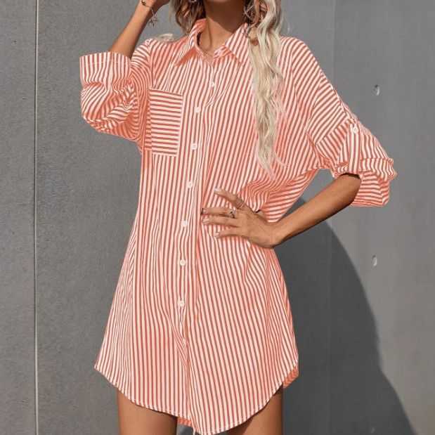 Damen Hemdblusenkleid im lässigen Stil mit Streifenmuster R&B