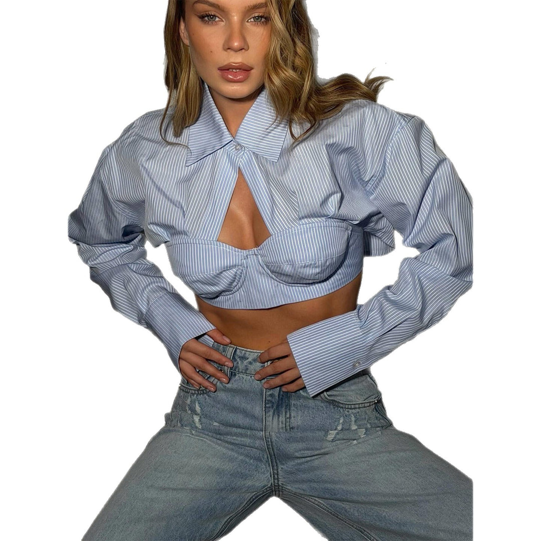 Damen Cropped Hemdbluse mit innovativem Design und voluminösen Ärmeln R&B