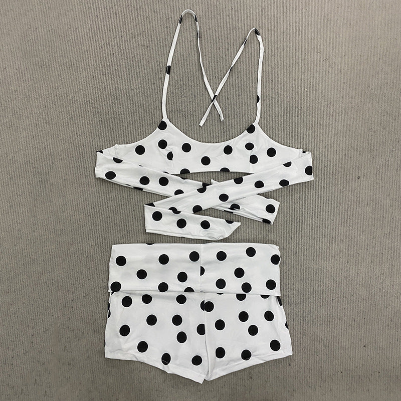 Damen sportliches Polka-Punkte Crop Top und Shorts Set R&B