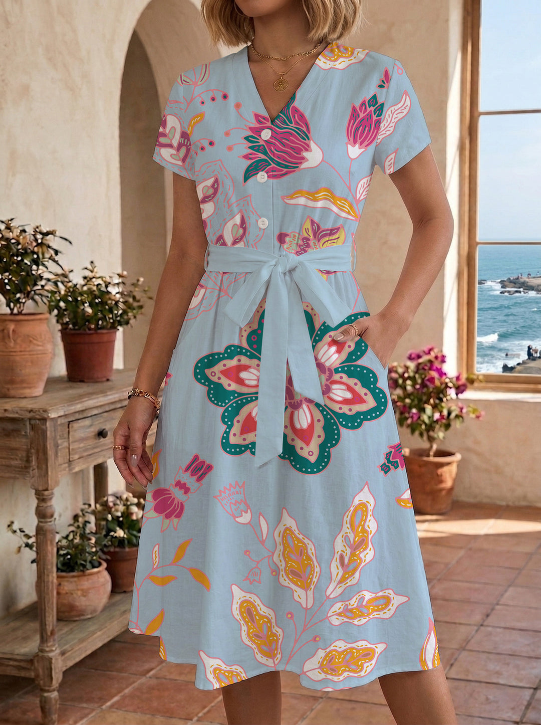 Damen Midikleid mit floralem Motiv und Taillengürtel R&B