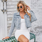 Damen Cropped Jeansjacke mit dekorativen Taschen und frischem Design R&B