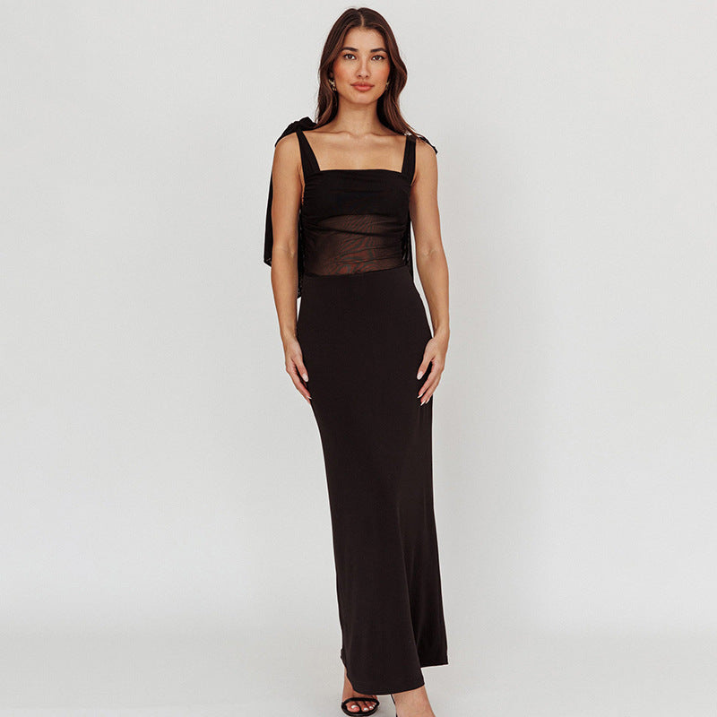 Damen elegantes Maxikleid mit transparenter Spitze und Schulterbändern R&B