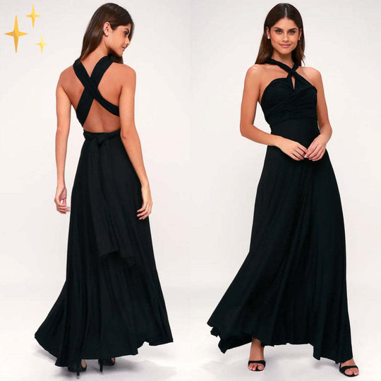 Damen elegantes Rundhals-Maxikleid mit variablen Trägeroptionen und fließendem Schnitt R&B