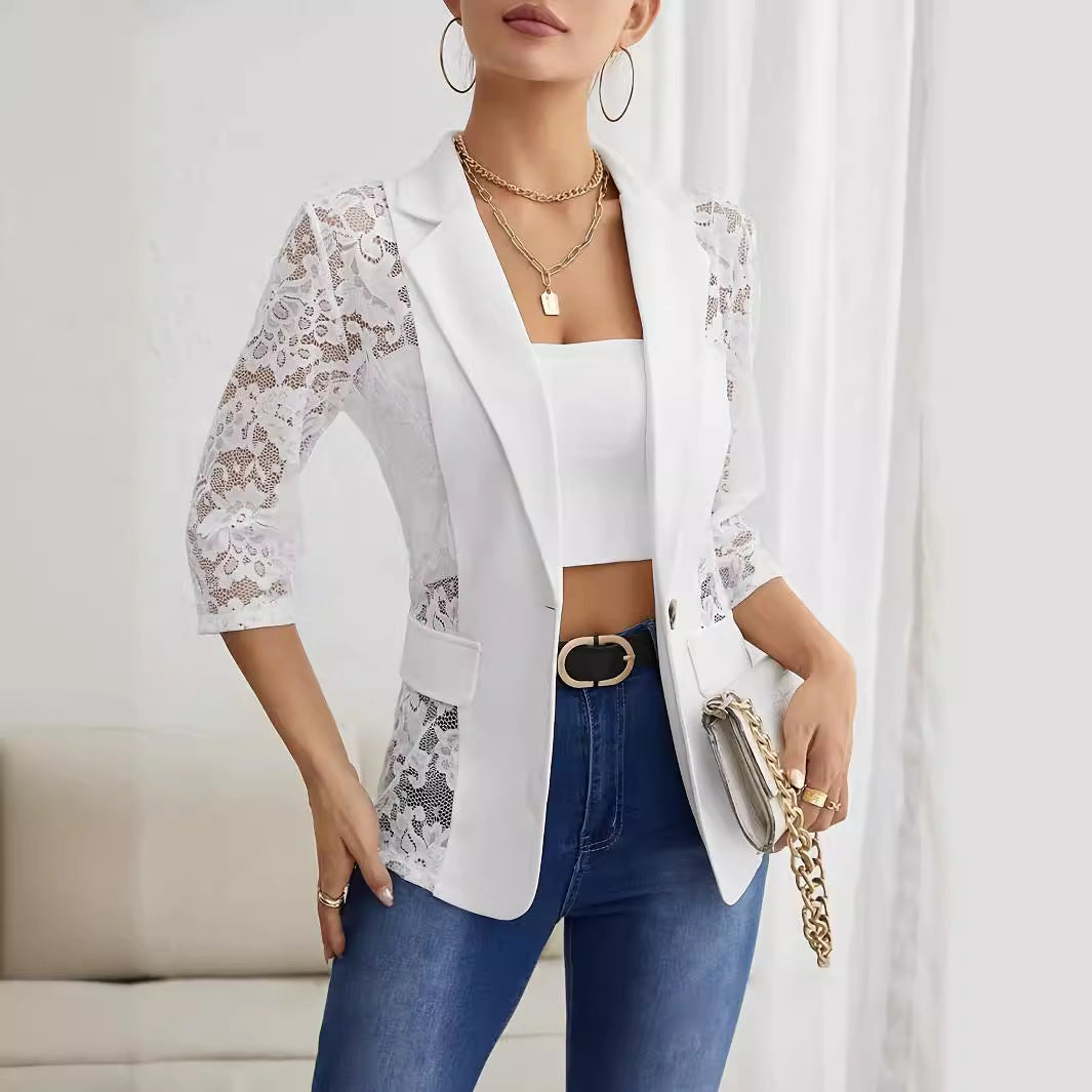 Damen Eleganter Spitzenblazer mit transparenten Ärmeln R&B