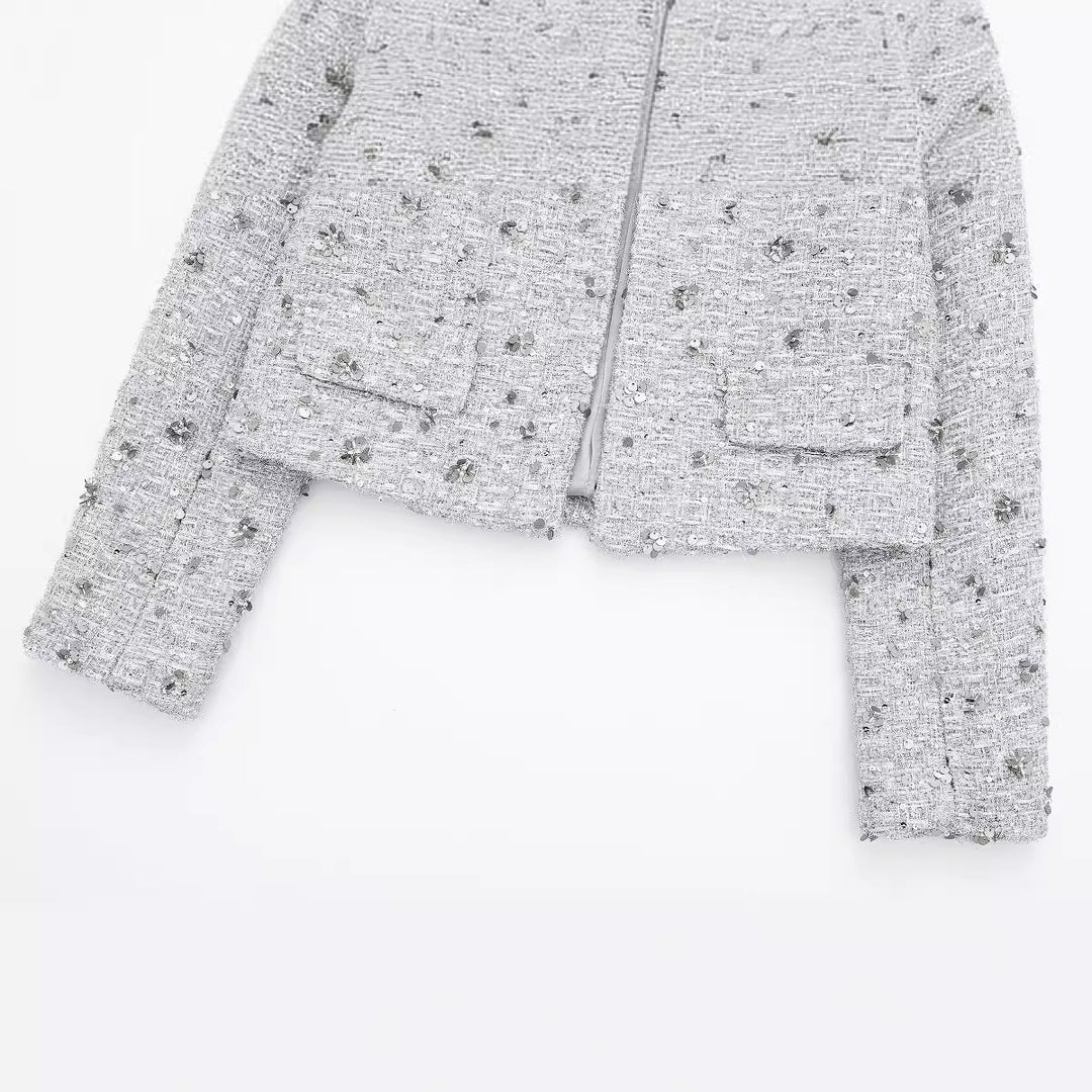 Damen elegante Tweedjacke mit funkelnden Pailletten und strukturiertem Design R&B