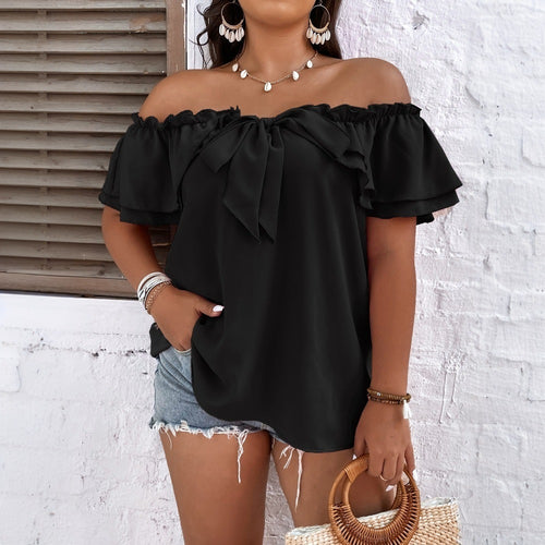 Damen Off-Shoulder Oberteil mit Schleifen-Details und Rüschensäumen R&B