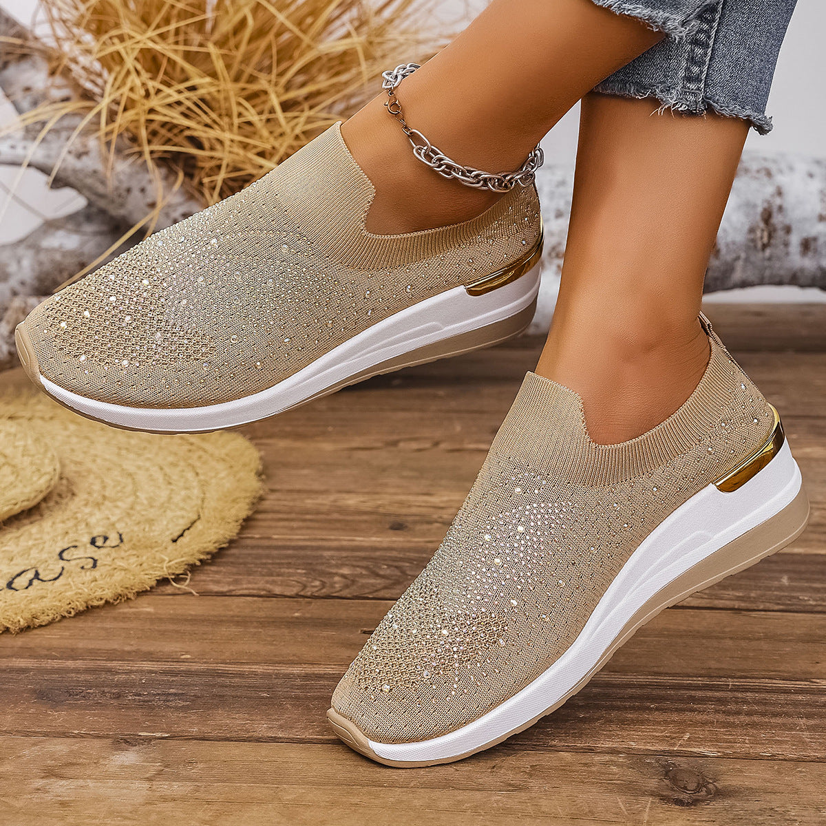 Damen Sneakers mit funkelnden Akzenten und elastischem Strickoberteil R&B