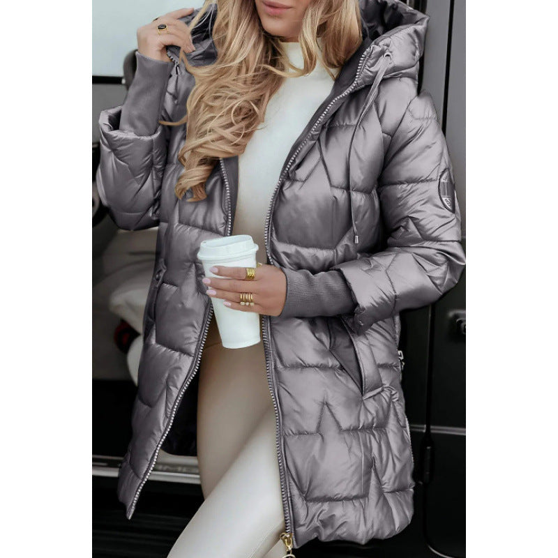 Damen Longline Steppjacke mit abnehmbarem Kapuzenfutter und seitlichen Reißverschlusstaschen R&B