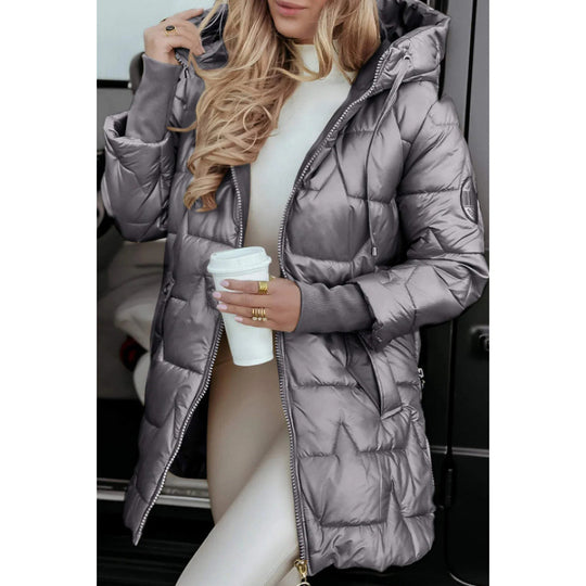 Damen Longline Steppjacke mit abnehmbarem Kapuzenfutter und seitlichen Reißverschlusstaschen R&B