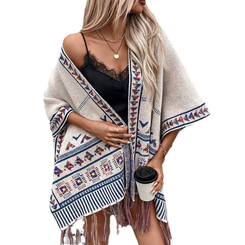 Damen stilvolle Poncho mit buntem Ethnomuster