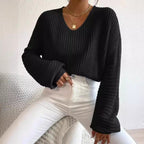 Damen V-Ausschnitt Strickpullover mit weiten Ärmeln R&B