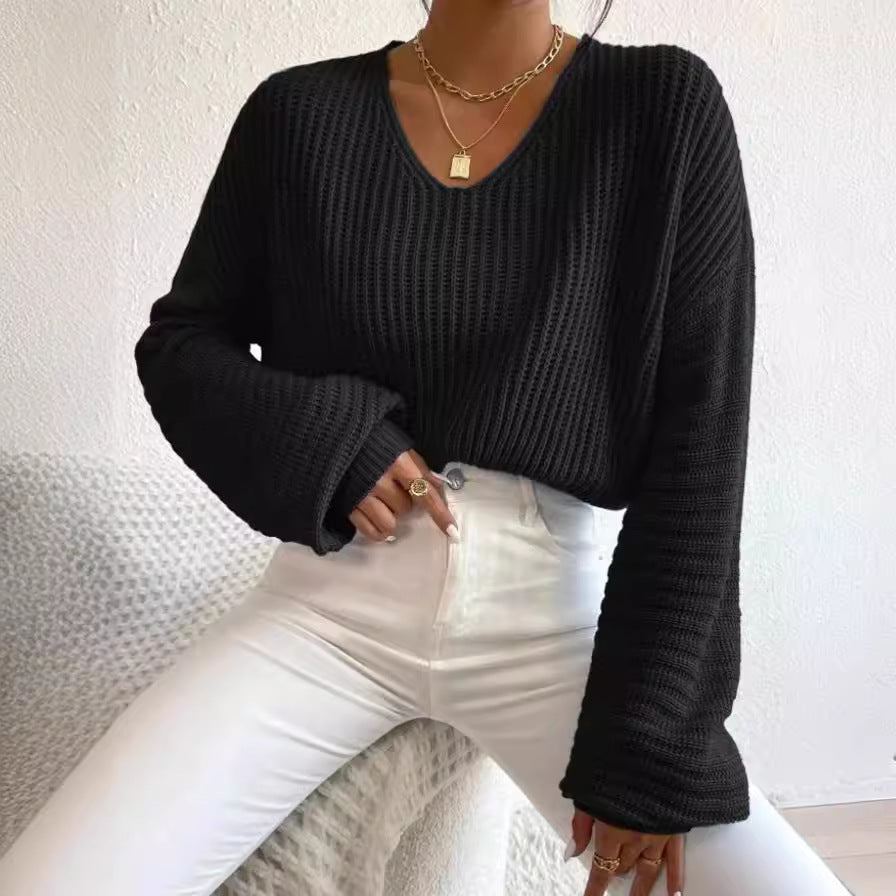 Damen V-Ausschnitt Strickpullover mit weiten Ärmeln R&B