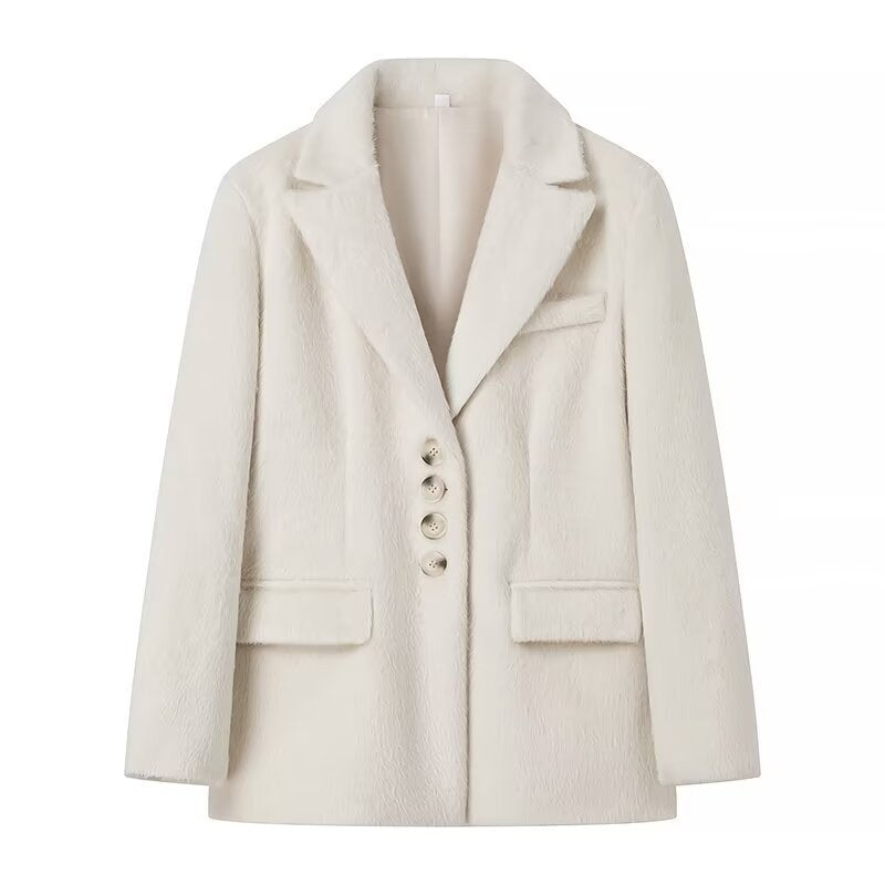Damen elegante Blazerjacke mit weichem Fell und dekorativen Knopfdetails R&B