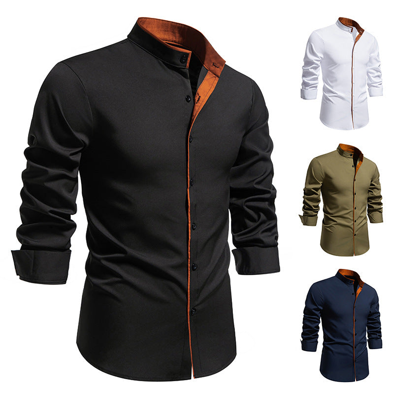 Herren Langarmhemd mit modernem Stehkragen und gesticktem Detail R&B