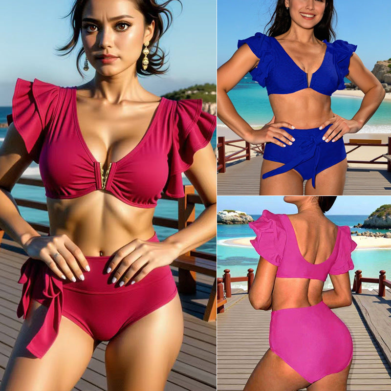 Damen Hochgeschnittenes Bikini-Set mit Rüschen
