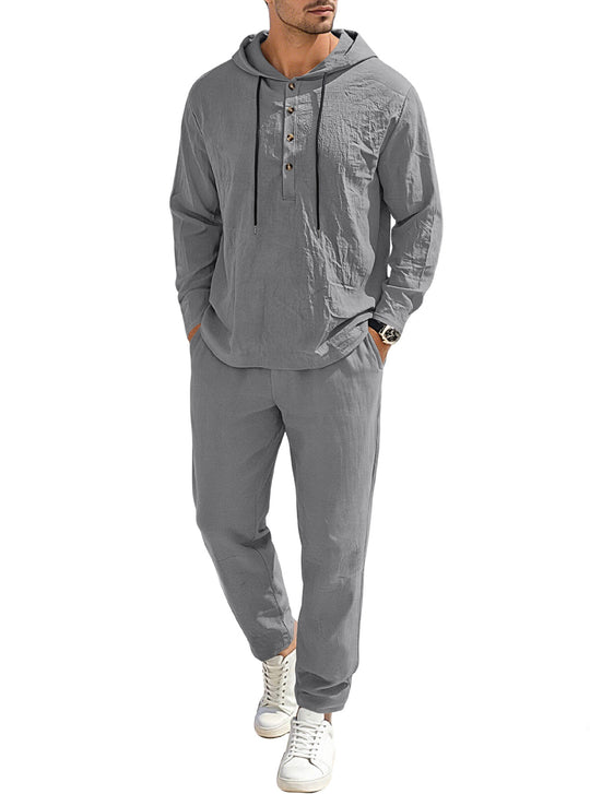 Herren nan entspannter Kapuzen-Henley Freizeitanzug aus leichter Baumwollmischung in Leinenoptik mit Kordelzug und elastischer Bundhose R&B