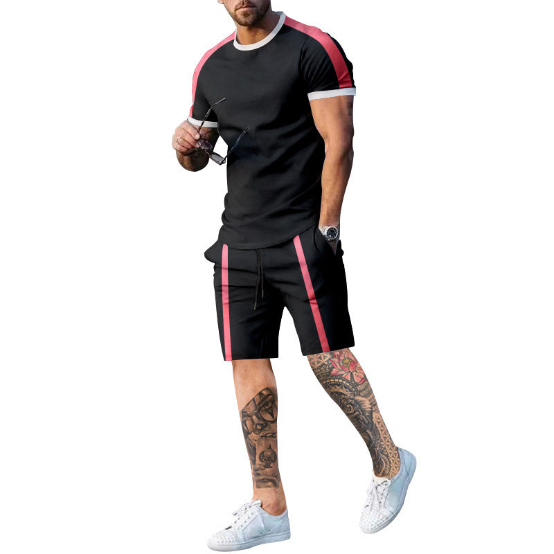 Herren Sportliches Kurzarm- und Shorts-Set mit Kontraststreifen R&B