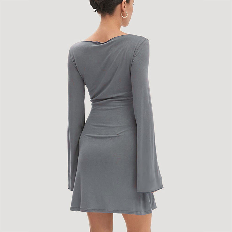 Damen elegantes Langarmkleid mit asymmetrischem Saum und fließendem Schnitt R&B