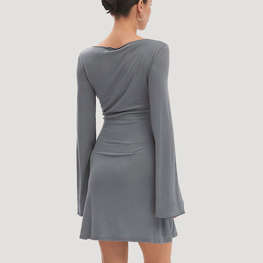 Damen elegantes Langarmkleid mit asymmetrischem Saum und fließendem Schnitt R&B