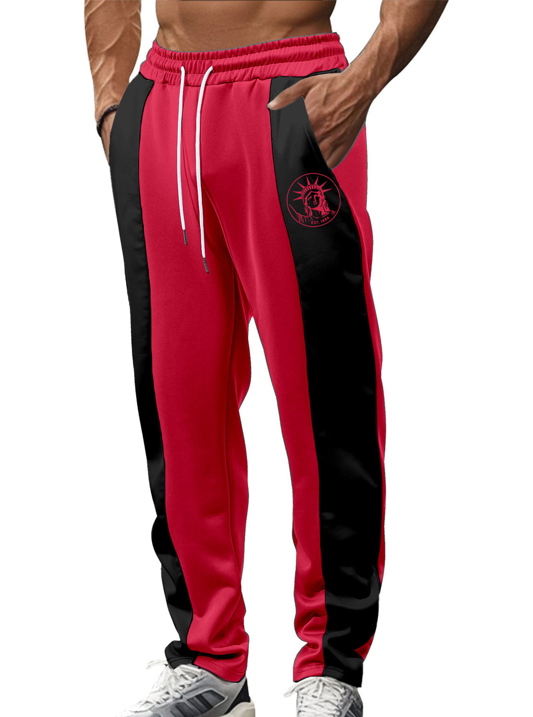 Herren nan sportive Trackpants mit seitlichen Kontrastbahnen elastischem Bund Kordelzug und Hirschstickerei R&B