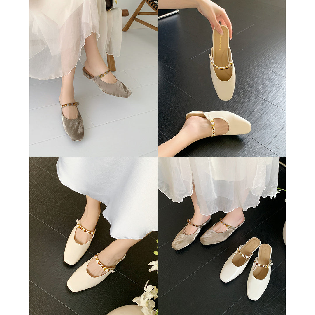 Damen elegante Mules mit komfortablem Riemen und schimmerndem Obermaterial R&B