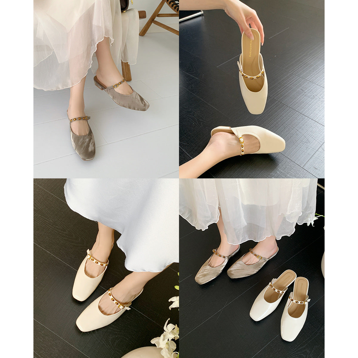 Damen elegante Mules mit komfortablem Riemen und schimmerndem Obermaterial