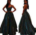 R&B | Damen Spaghettiträger V-Ausschnitt A-Linie Glitzer Maxikleid