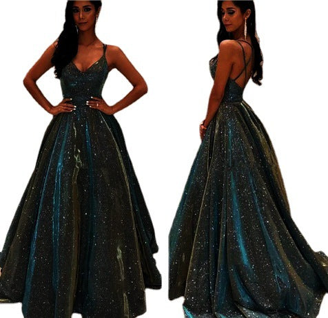 R&B | Damen Spaghettiträger V-Ausschnitt A-Linie Glitzer Maxikleid