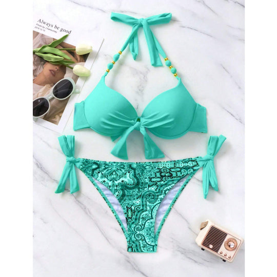 Damen Bikini-Set mit modischen Bindebändern und herausgearbeitetem Muster R&B