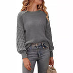Damen modischer Strickpullover mit strukturierten Ärmeln und Rundhalsausschnitt R&B