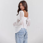 Damen Cropped Bluse mit Puffärmeln R&B